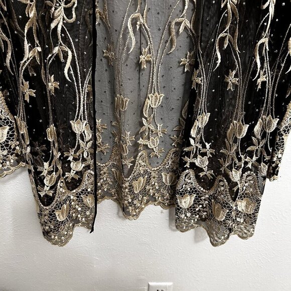 VTG 90s Vonda D’s Black Cream Floral Sheer Mesh Jacket Open Front Beaded Size L - Picture 3 of 12